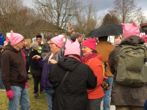 manifestanti a Seattle con cappellini rosa